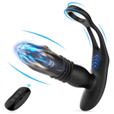 Prostate massager with cock ring showing thrusting and vibrating features