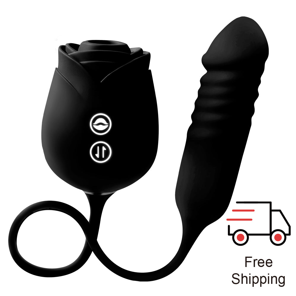 Black Rose Dual Massager - Suction & Internal Vibe - rabbit vibrator with suction featuring waterproof, quiet, rechargeable