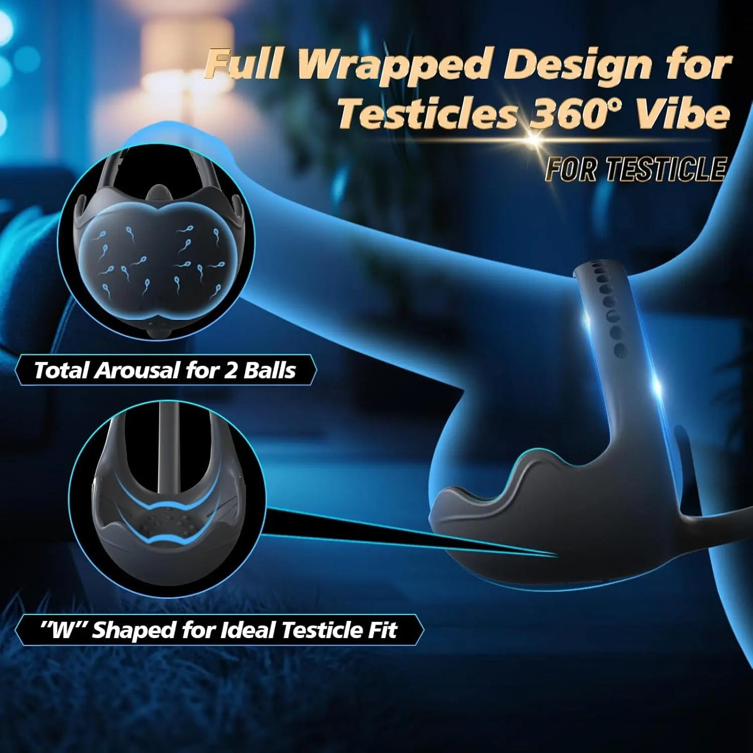 Close-up of 360-degree testicle vibration and W-shaped inner lining