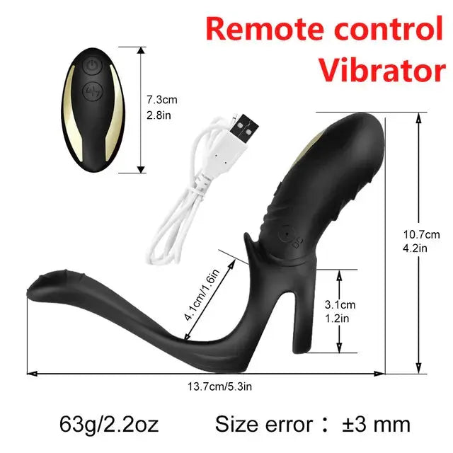 Close-up of the vibrating cock ring highlighting the dual motors and external stimulator for clitoral pleasure