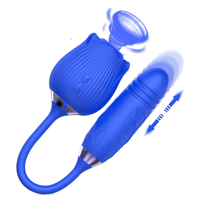 Blue RoséTrio 3-in-1 Rose Toy - Suction, Thrusting - rabbit vibrator with suction featuring quiet, rechargeable, body-safe si